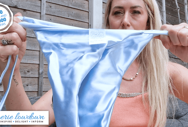 Charlotte Elizabeth reviews Aloruh satin shiny tie-side bikini with shell cup and pearl embellishment